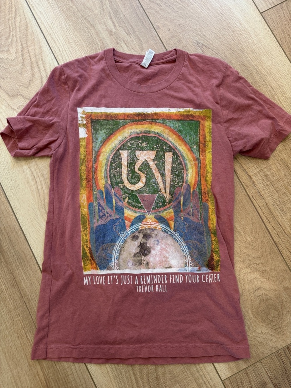 Trevor Hall Maroon Short Sleeve Tee with Multicolor Spiritual Graphic